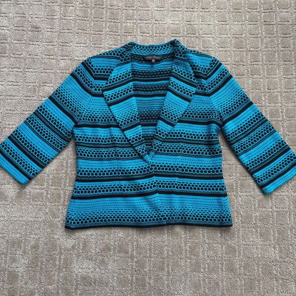 Ming Wang Knit Cardigan Sweater Jacket Women's MP Blue Black Stripe Open Career - Picture 1 of 7